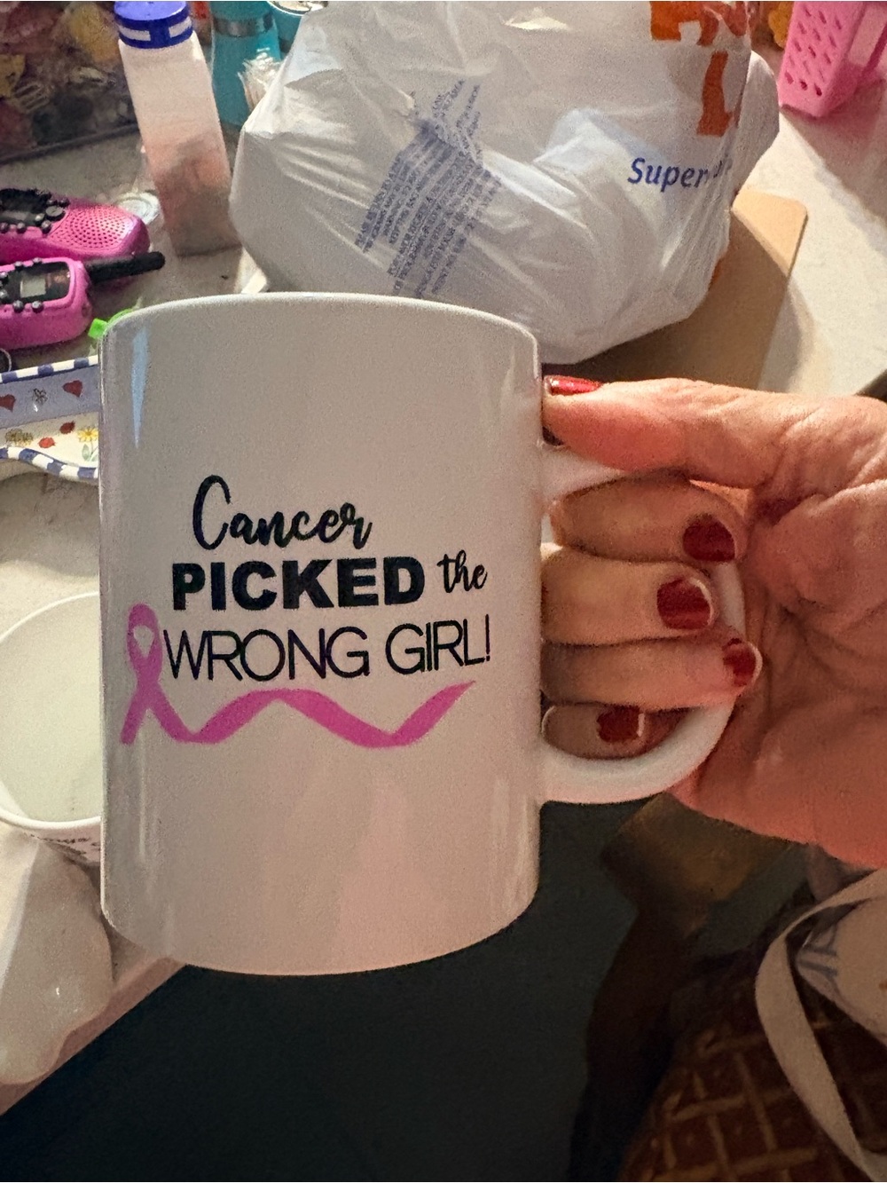 White Ceramic Mug with Pink Ribbon – Cancer Survivor Support